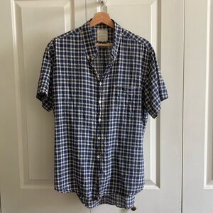 Billy Reid Men’s Short Sleeve Button Down Blue Plaid Cotton Linen Size Large
